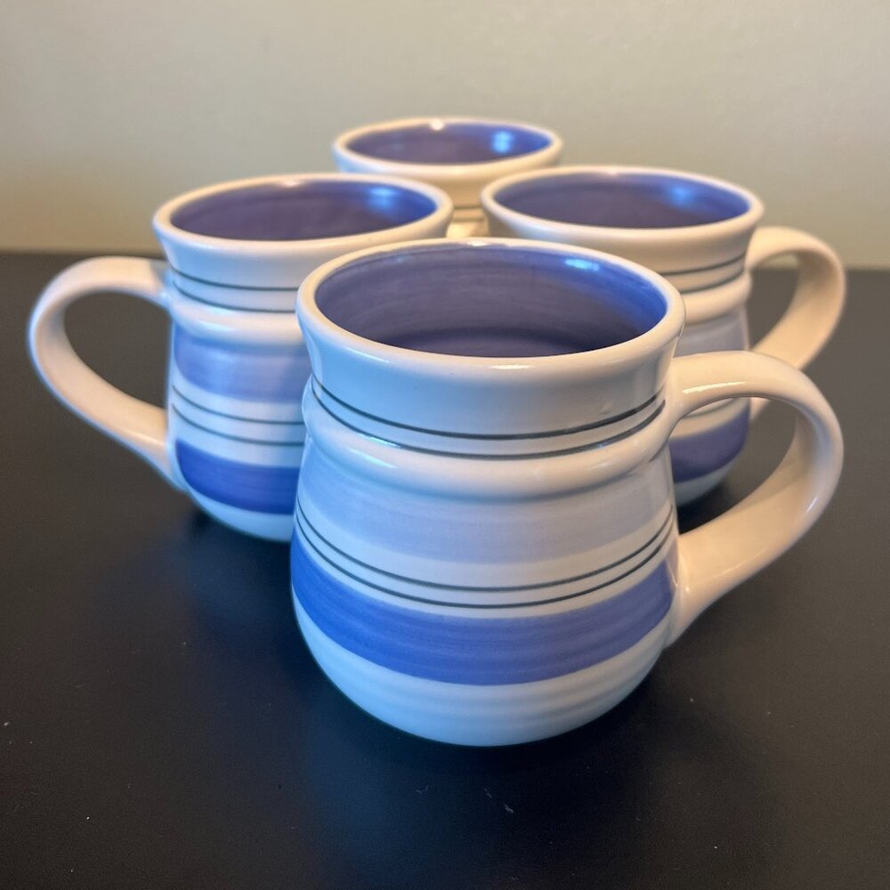 Vtg Pfaltzgraff Hand Painted RIO Stoneware Coffee Mug Cup Blue Stripes Set of 4